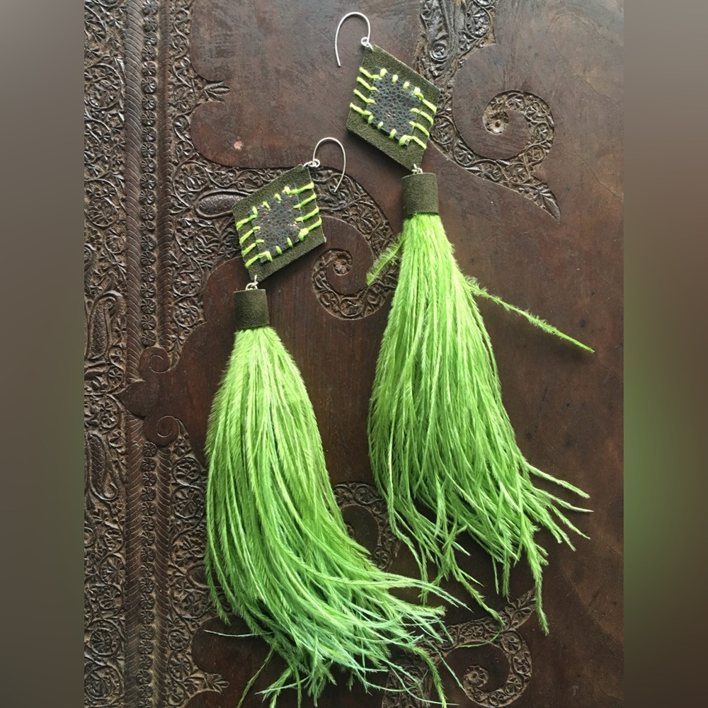 Parrot Green Handmade Leather & Feather Tassel Long Earrings